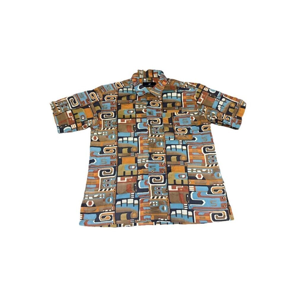 PERUVIAN CONNECTION Button Shirt Pima Cotton Tribal Abstract Print Retro LARGE